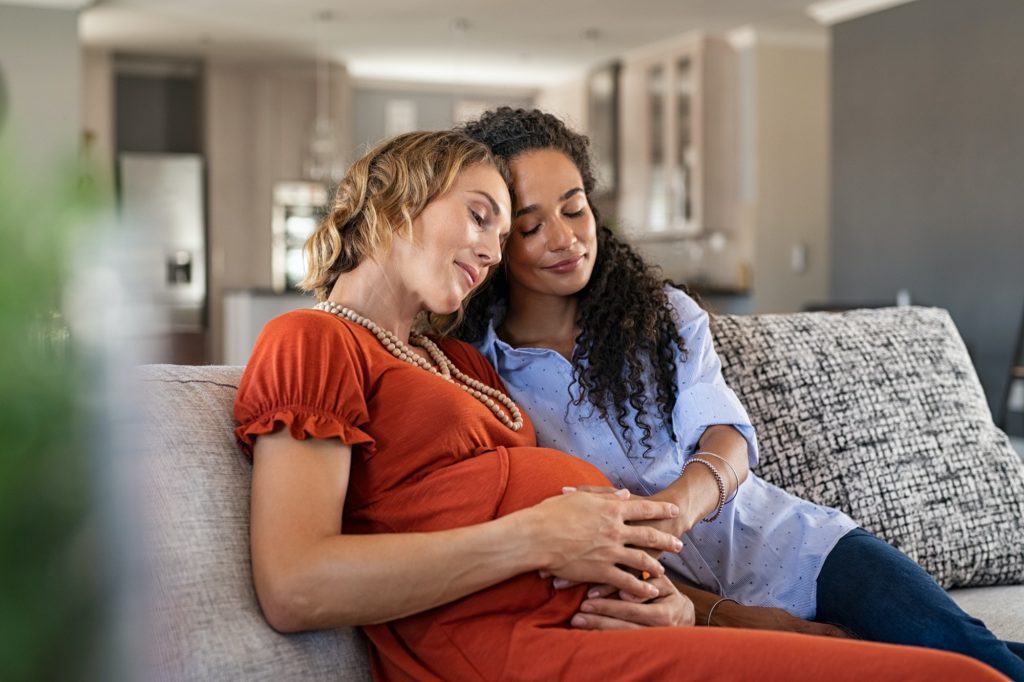 Lovely pregnant lesbian couple at home